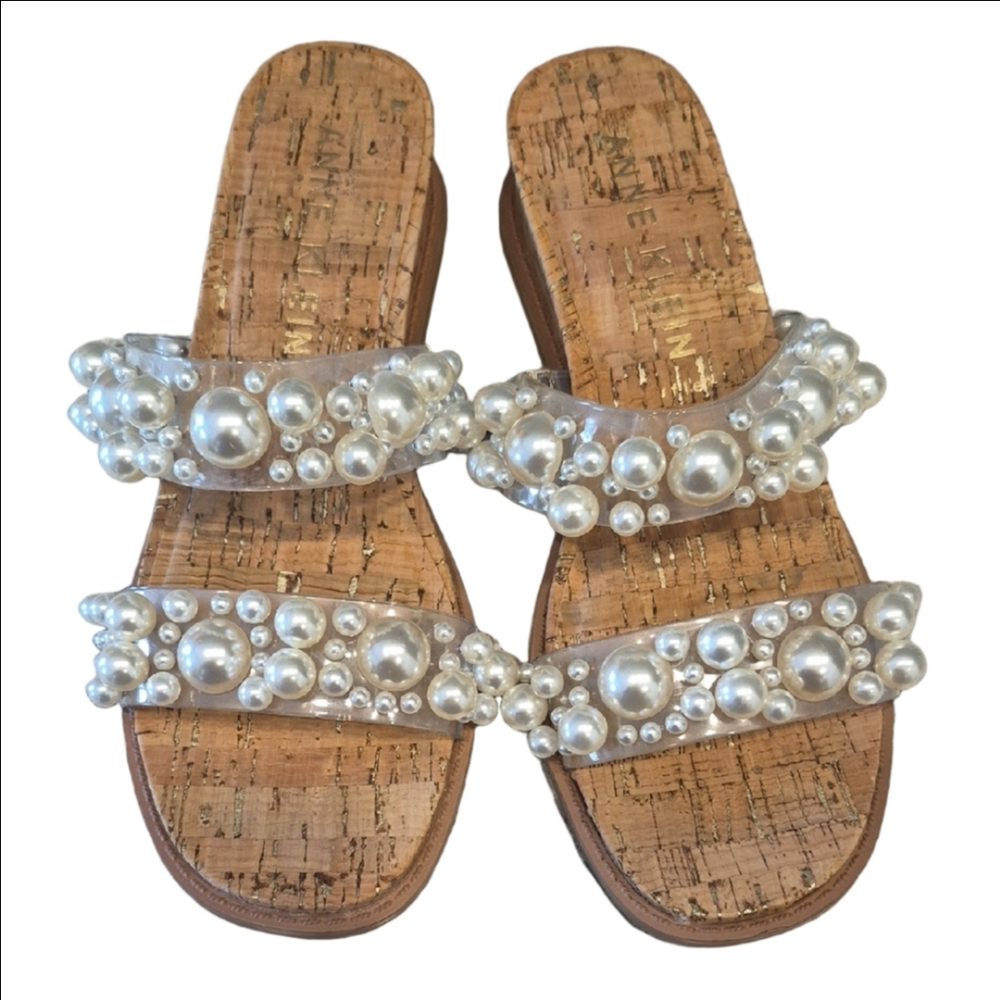 Anne Klein Bells Sandal With White Pearl Detail And Cork Footbed